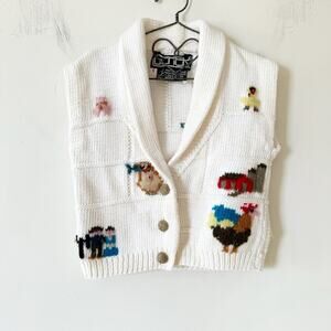 Vintage Berek Hand Knit Sweater Vest Farm Animals Chicken Pig Youth 4